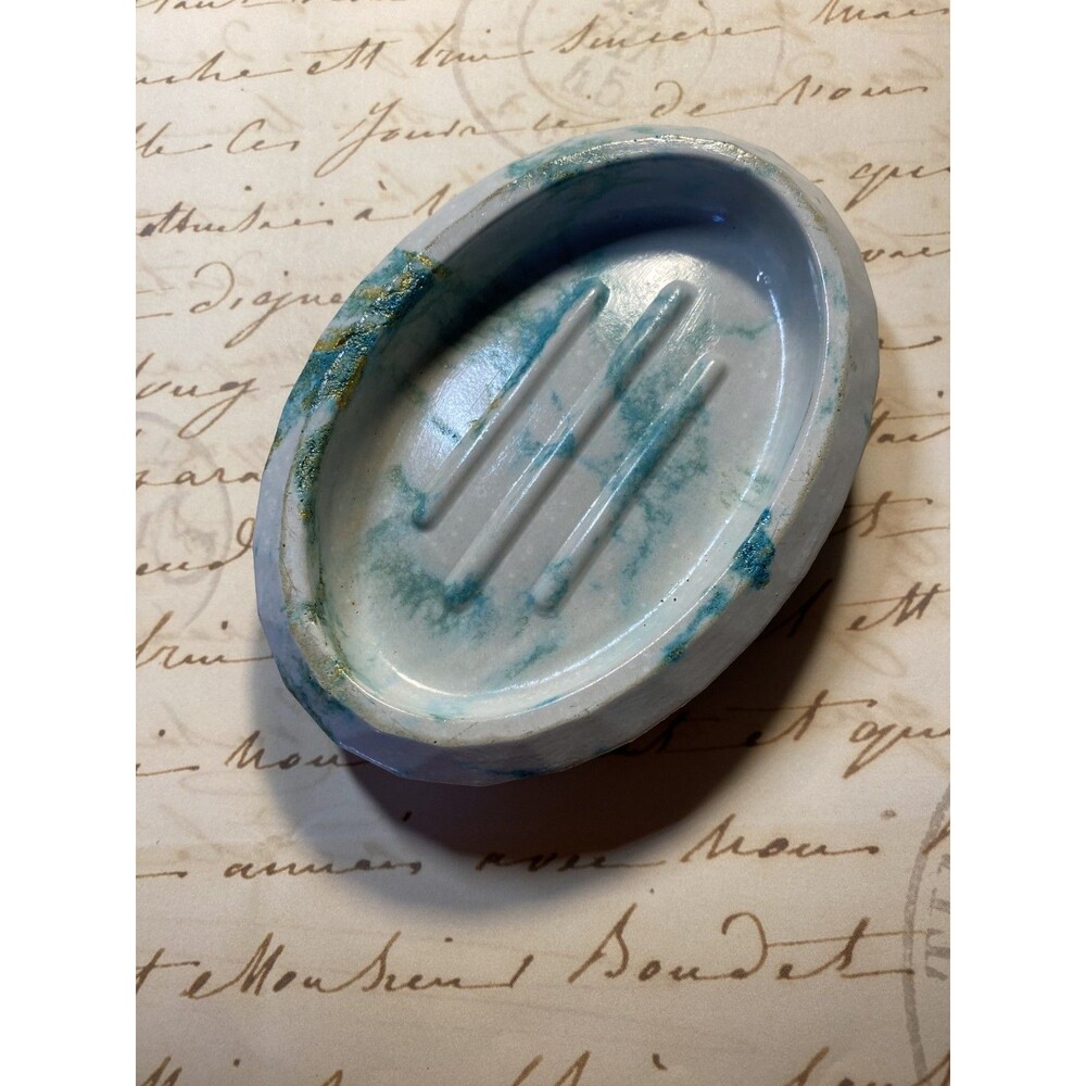 Handmade Soap Dish Cement Soap Holder Oval Bathroom Kitchen Marbled Teal